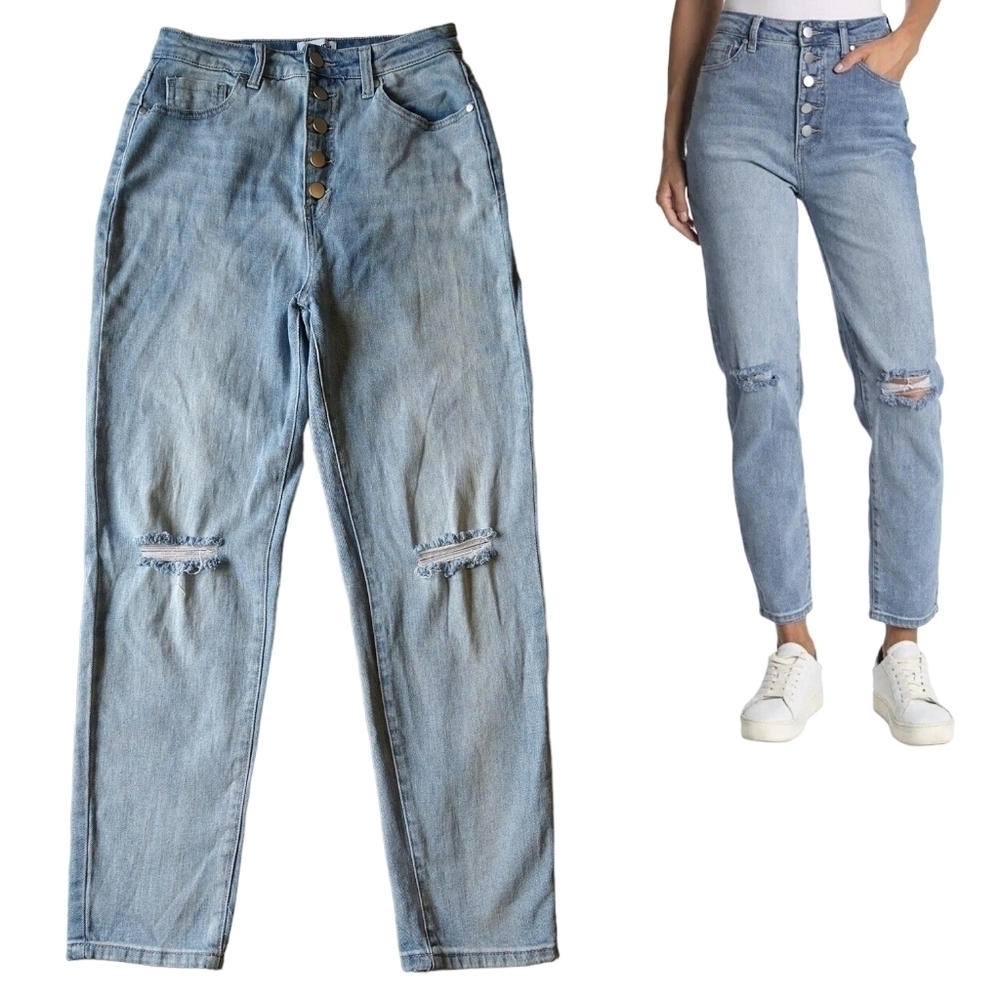 Abound Button Fly Light Wash Distressed Sustainable High Rise Mom Jeans Modern